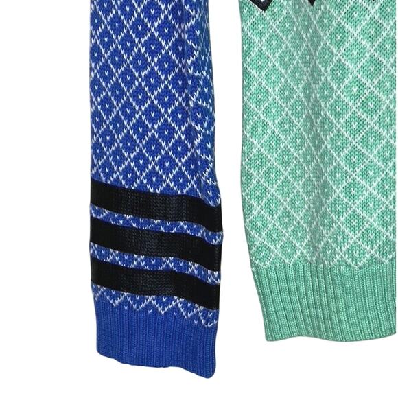 Si Iae Womens Diamond Print Crew Neck Sweater Faux Leather Trim Size Large - Picture 2 of 8